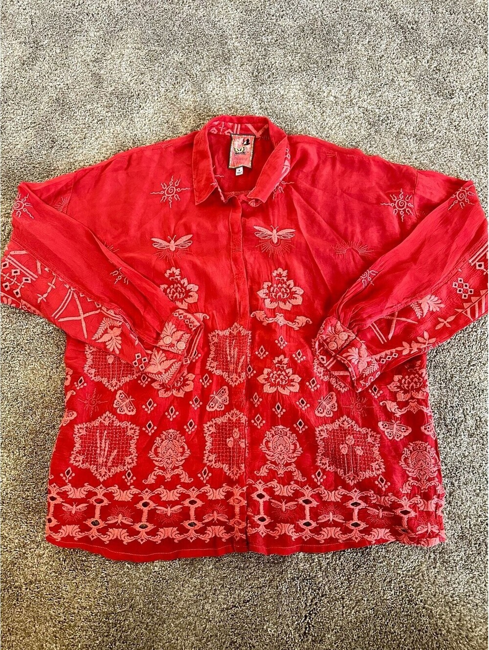 Johnny Was Red Slim Audrey Embroidered Butterfly Sun Button Down Shirt Size M